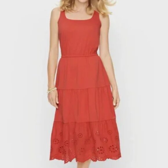 Talbot's Fit & Flare Coral Tiered Eyelet Ruffle Midi Dress Medium - Picture 5 of 13